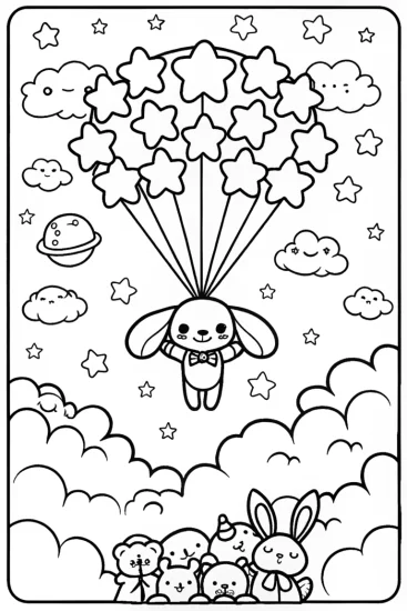 A coloring page of Cinnamoroll’s Magical Balloon Ride Through the Stars