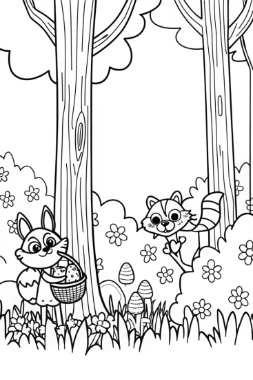 A coloring page of Whimsical Woodland Easter Egg Hunt Coloring Page
