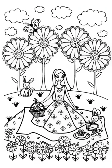 A coloring page of Barbie’s Magical Day at the Enchanted Garden Party