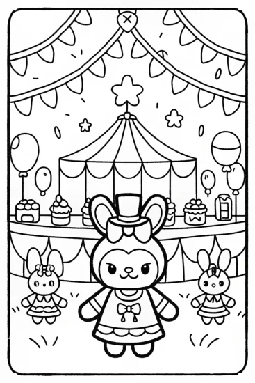 A coloring page of Kuromi’s Mischief at the Festival Funfair