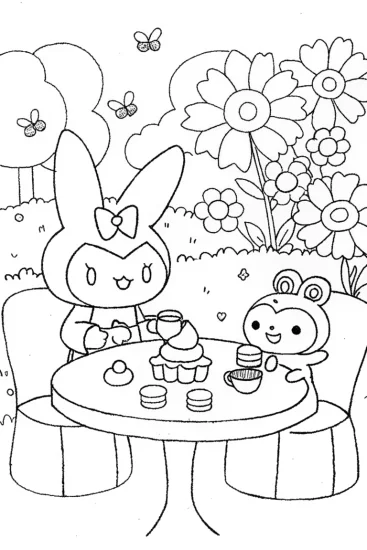 A coloring page of Kuromi’s Enchanted Tea Party Adventure
