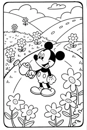 A coloring page of Mickey’s Magical Garden Adventure with Flowers and Fun
