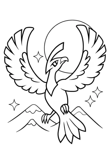 A coloring page of Celestial Gathering: Soaring with Ho-Oh