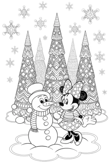 A coloring page of Minnie and the Snowman in Winter Wonderland Fun