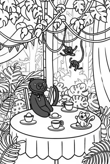 A coloring page of Panther Tea Party in the Jungle Coloring Page