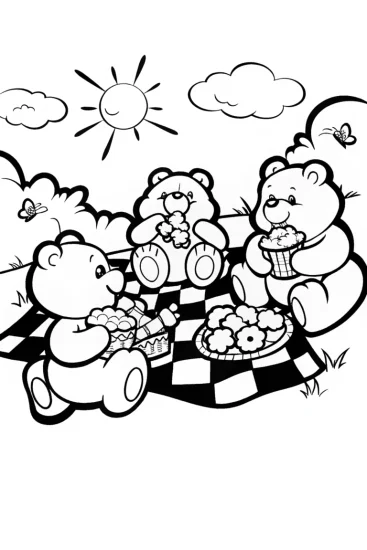 A coloring page of Care Bears Picnic Party Fun with Grumpy Bear and Friends