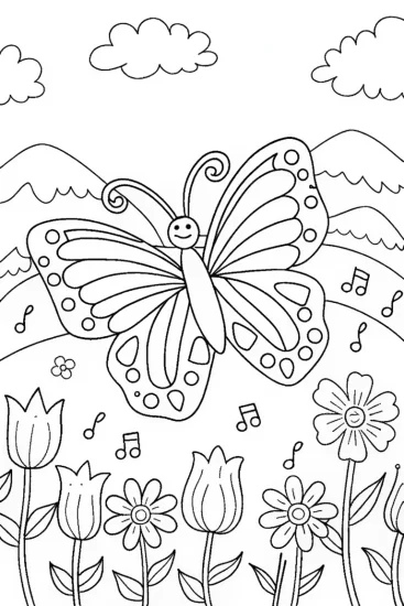 A coloring page of Butterfly Ballet in a Colorful Garden
