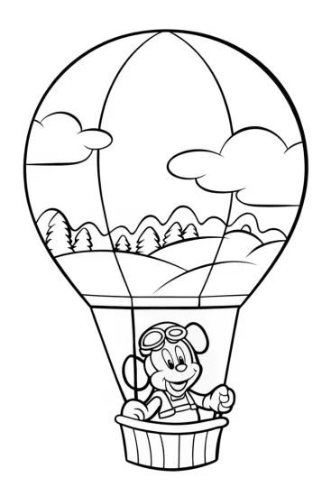 A coloring page of Mickey Mouse Hot Air Balloon Adventure Coloring Page