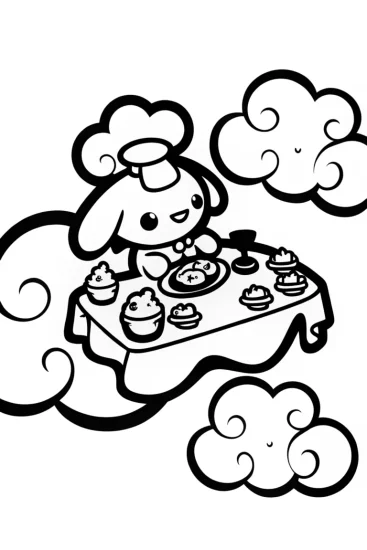 A coloring page of Cinnamoroll’s Sweet Treats in the Sky Cafe