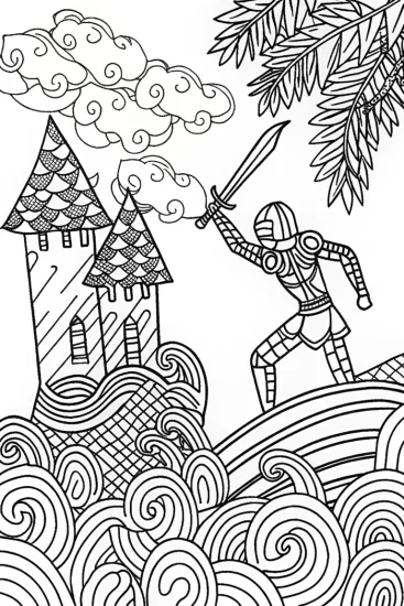 A coloring page of Brave Knight Confronts the Rift’s Fury