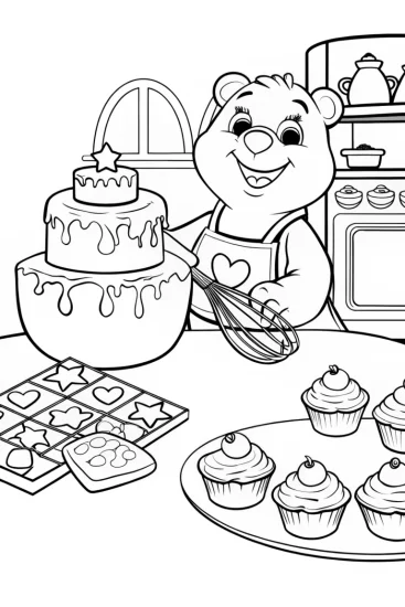 A coloring page of Bake-Off Fun with Cheer Bear’s Sweet Treats!