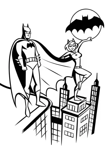 A coloring page of Gotham Heroes: Batman and Catwoman Unite!