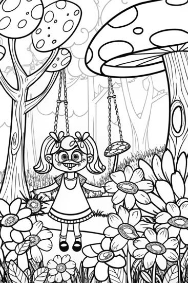 A coloring page of Gabby’s whimsical garden escapade