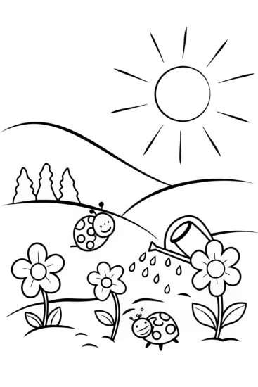A coloring page of JJ’s Garden Adventure with Happy Ladybugs and Flowers