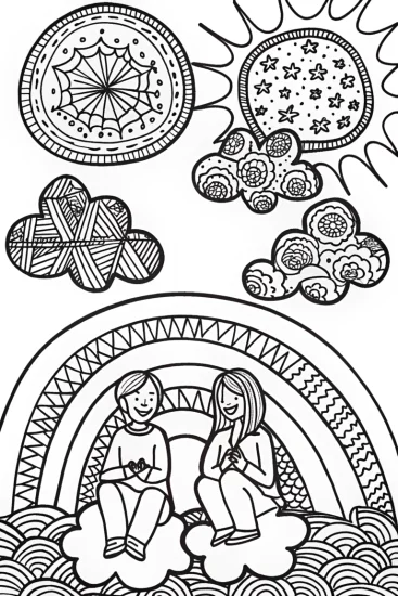 A coloring page of Rainbow High Dreamers: Fun with Friends in the Clouds