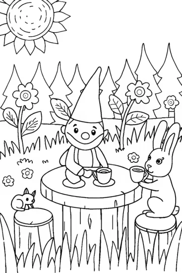 A coloring page of Gnome’s Magical Tea Party with Friends in the Garden