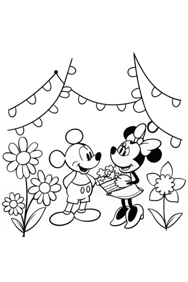 A coloring page of Mickey and Minnie’s Enchanted Garden Celebration