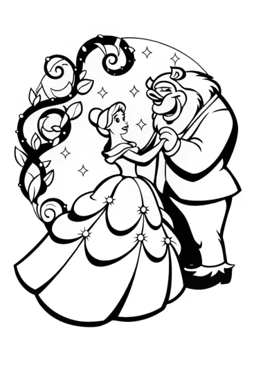 A coloring page of Moonlit Dance of Belle and the Beast