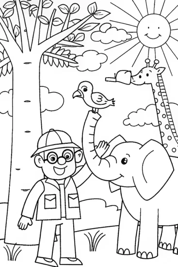 A coloring page of Blippi’s Fun Day at the Animal Kingdom Adventure