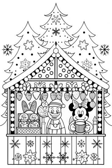 A coloring page of Mickey’s Magical Christmas Market