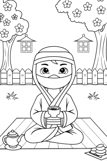 A coloring page of Ninja Tea Time with Zen Master Suki