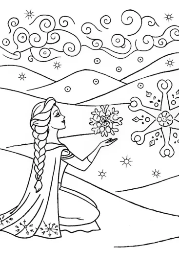 A coloring page of Elsa’s Magical Snowflake Adventure in Winter Garden