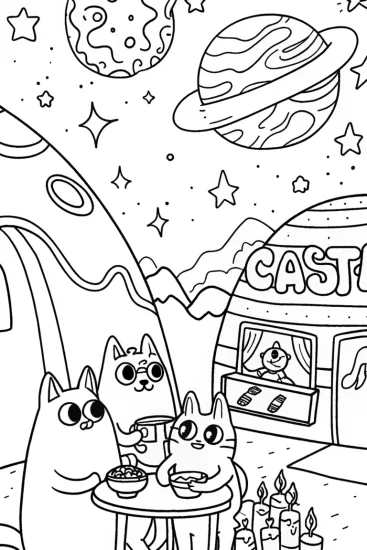A coloring page of Cosmic Cat Café Adventures: A Coloring Journey