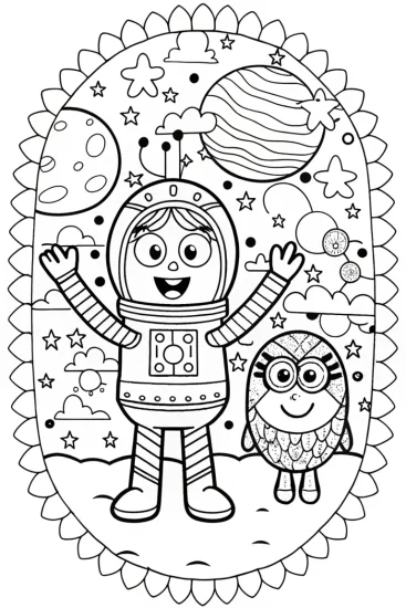 A coloring page of Bluey’s Space Adventure with Friends