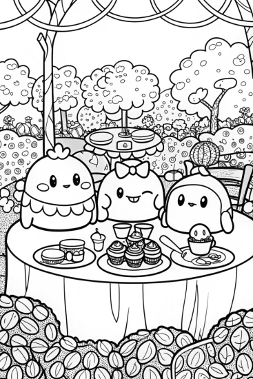 A coloring page of Squishmallow Tea Party Fun with Friends