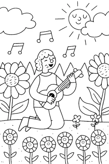 A coloring page of Musical Garden Adventure with the Happy Musician