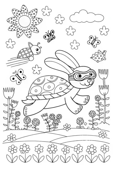 A coloring page of The Flashy Garden Race: Bunny vs. Turtle Adventure