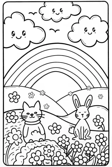 A coloring page of Rainbow Dreams with a Cat and Bunny Adventure