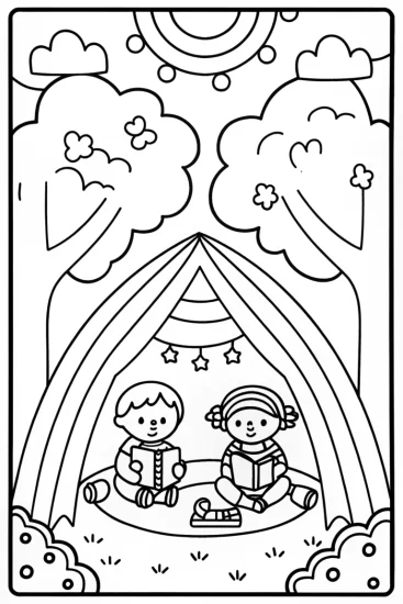 A coloring page of Rainbow Dreams in a Cozy Treehouse Adventure