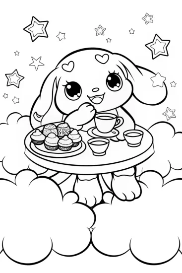 A coloring page of Cinnamoroll’s Magical Tea Party in the Clouds