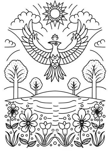 A coloring page of Guardians of the Ancient Forest: The Majestic Phoenix