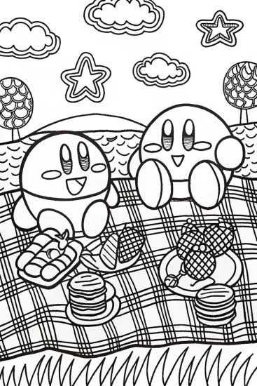 A coloring page of Kirby’s Picnic Adventure Fun Coloring Page