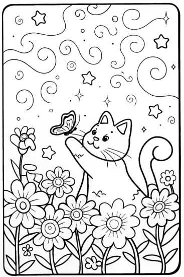 A coloring page of Whiskers and the Butterfly Adventure