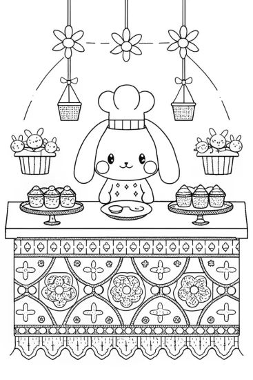 A coloring page of Cinnamoroll’s Sweet Treats at the Café