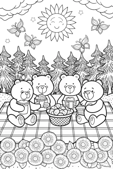 A coloring page of Care Bears’ Fun Picnic with Cheer Bear and Friends