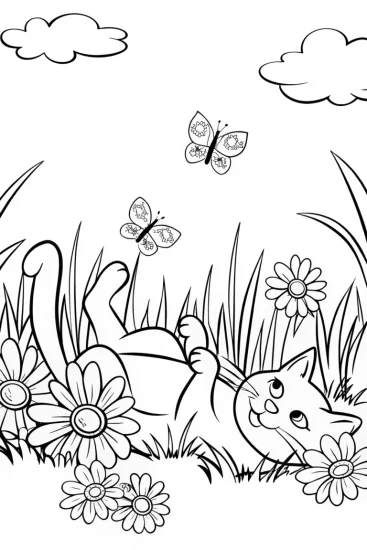 A coloring page of The Dreamy Cat’s Garden Adventure