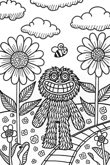 A coloring page of Huggy Wuggy in the bright flower garden