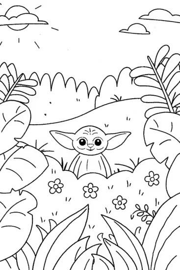 A coloring page of Baby Yoda’s Garden Adventure Coloring Fun