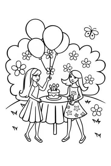 A coloring page of Barbie’s Enchanted Garden Party Celebration