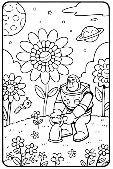 A coloring page of Buzz Lightyear’s Galactic Garden Adventure Fun!