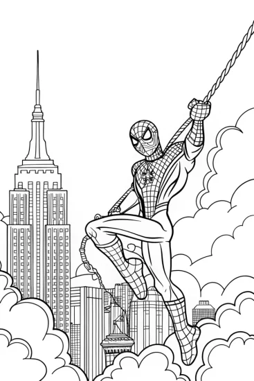 A coloring page of Spider-Man Soars Through the City!