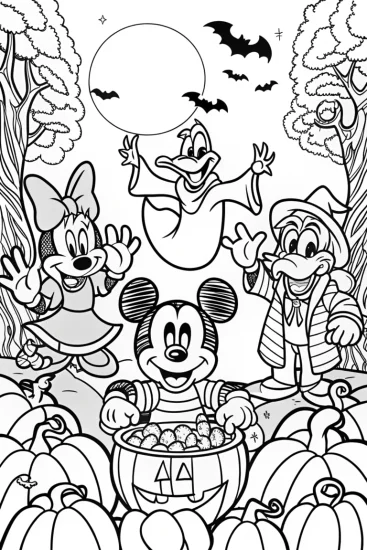 A coloring page of Mickey’s Halloween Haunt Adventure Coloring Fun!