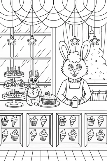 A coloring page of Huggy Wuggy’s Cozy Café Coloring Fun