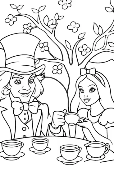 A coloring page of Tea Time with the Mad Hatter and Alice