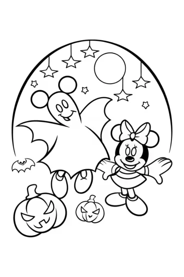 A coloring page of Minnie and Mickey’s Spooktacular Halloween Fun!