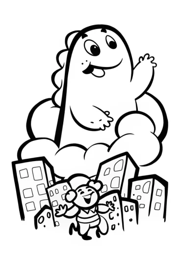 A coloring page of Godzilla’s Fun Day in the City